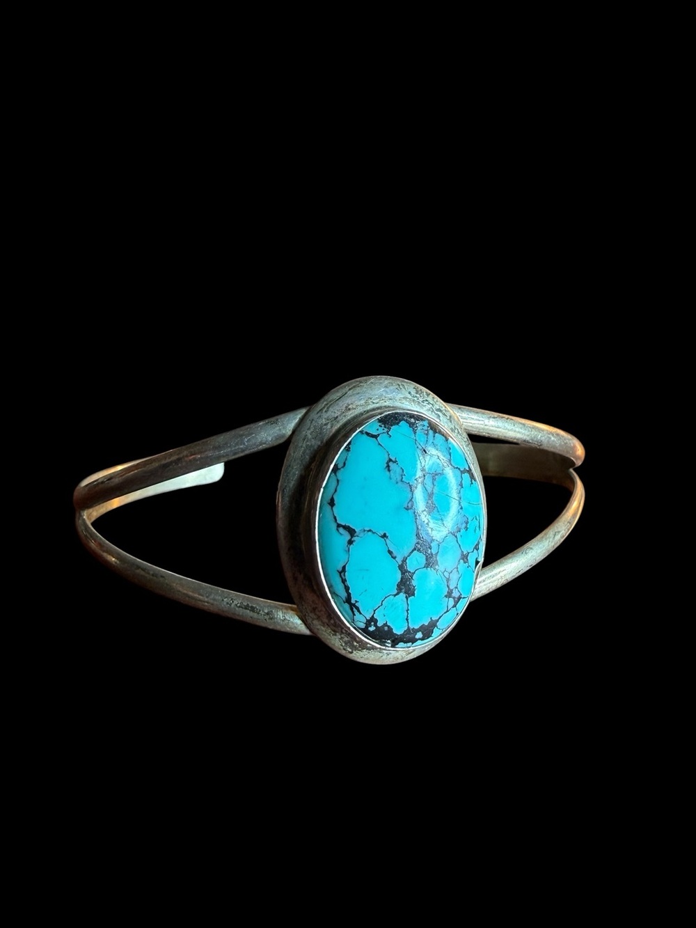 Vtg Sterling Silver Turquoise Cuff Bracelet Signed BI Double Wire 11.68g